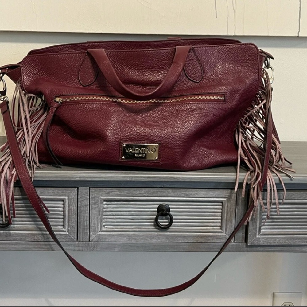 Valentino Burgundy Leather Fringe Shoulder Bag Tote